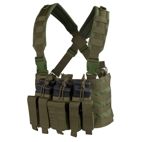 The Condor Recon Chest Rig in Olive Drab features multiple pouches and straps, equipped with six black rifle magazines inserted in the front pockets.