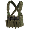 The Condor Recon Chest Rig in Olive Drab features multiple pouches and straps, equipped with six black rifle magazines inserted in the front pockets.