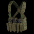 The Condor Recon Chest Rig in Olive Drab features multiple pouches and straps, equipped with six black rifle magazines inserted in the front pockets.