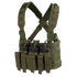 The Condor Recon Chest Rig in Olive Drab features multiple pouches and straps, equipped with six black rifle magazines inserted in the front pockets.