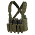 The Condor Recon Chest Rig in Olive Drab features multiple pouches and straps, equipped with six black rifle magazines inserted in the front pockets.