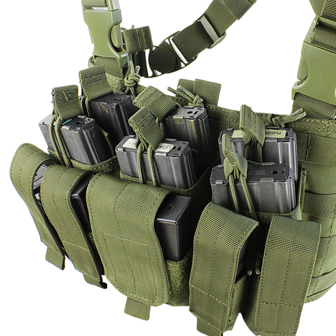 The Condor Recon Chest Rig in MultiCam Black features multiple magazine pouches for carrying rifle mags and gear—perfect for law enforcement or first responders, displayed against a white background.