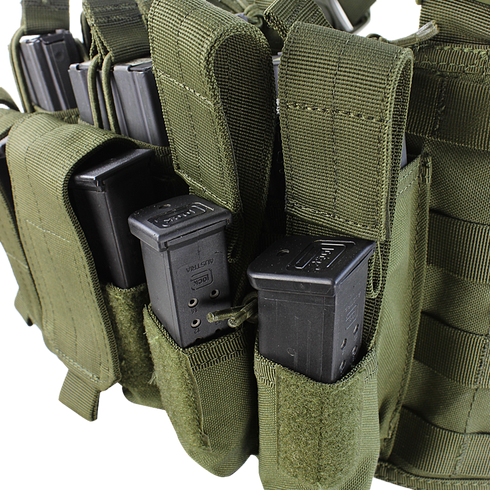 Close-up of the Condor Recon Chest Rig in Scorpion OCP, featuring multiple pouches for rifle and pistol magazines—ideal for bushcraft or law enforcement use.