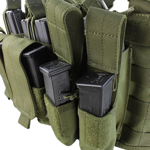 Close-up of the Condor Recon Chest Rig in Multicam, favored by military and first responders, featuring multiple magazine pouches holding black rifle magazines.
