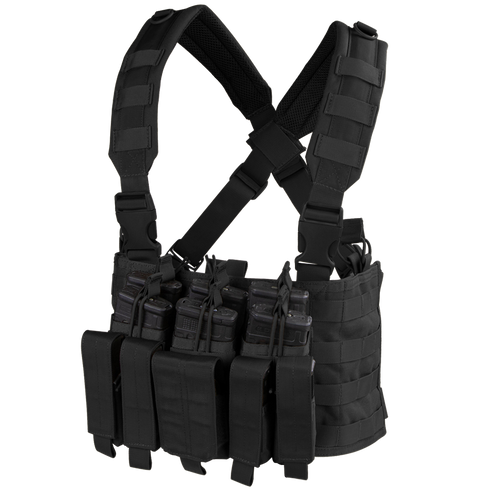 The Condor Recon Chest Rig features adjustable straps, multiple pouches, and MOLLE webbing for carrying magazines and gear.