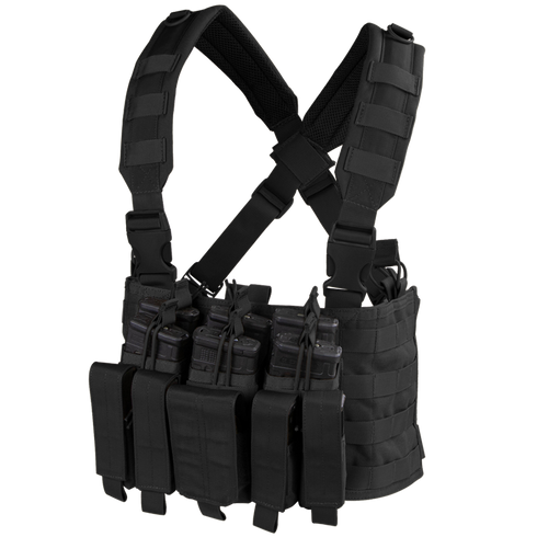 The Condor Recon Chest Rig features adjustable straps, multiple pouches, and MOLLE webbing for carrying magazines and gear.
