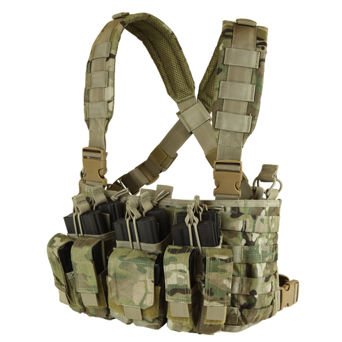 The Condor Recon Chest Rig in MultiCam features adjustable straps and multiple magazine pouches for tactical use.