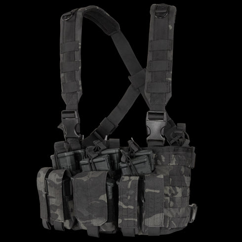 The Condor Recon Chest Rig in MultiCam Black features multiple pouches and adjustable straps, ideal for carrying gear and magazines.