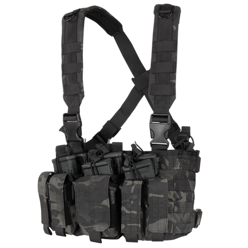 The Condor Recon Chest Rig in MultiCam Black features multiple pouches and adjustable straps, ideal for carrying gear and magazines.