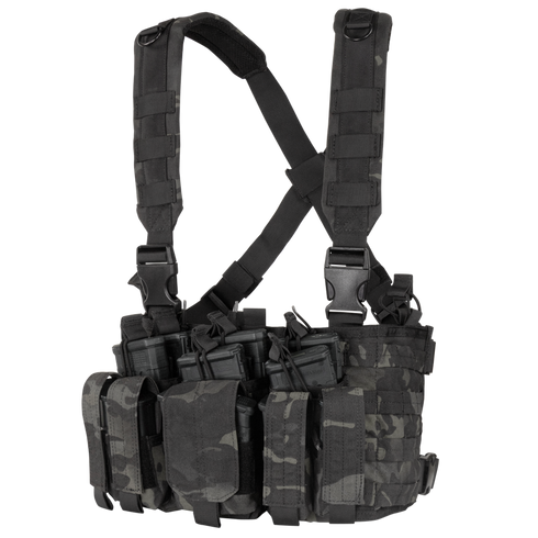 The Condor Recon Chest Rig in MultiCam Black features multiple pouches and adjustable straps, ideal for carrying gear and magazines.