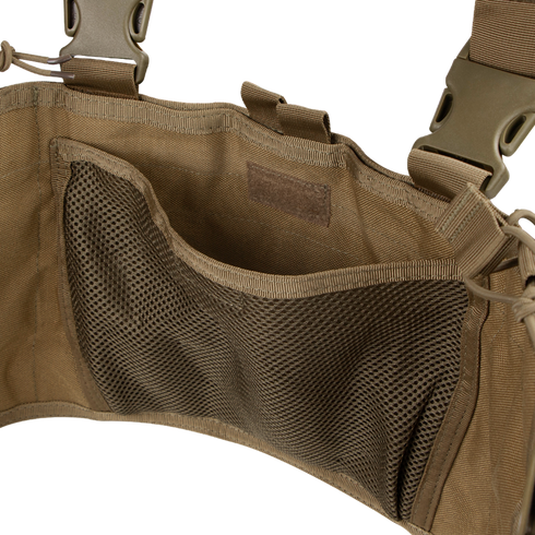 Close-up of an empty Condor Recon Chest Rig in tan, featuring a mesh pocket and adjustable straps.
