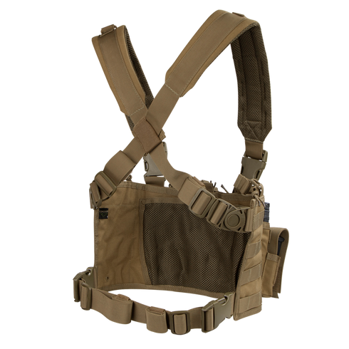 The Condor Recon Chest Rig features a tan color, adjustable straps, mesh back panel, and multiple attachment points for gear and accessories.