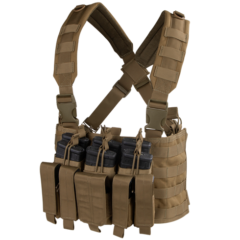 The Condor Recon Chest Rig is a tan tactical chest rig with multiple pouches for magazines and gear, adjustable shoulder straps, and MOLLE webbing.