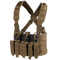 The Condor Recon Chest Rig is a tan tactical chest rig with multiple pouches for magazines and gear, adjustable shoulder straps, and MOLLE webbing.