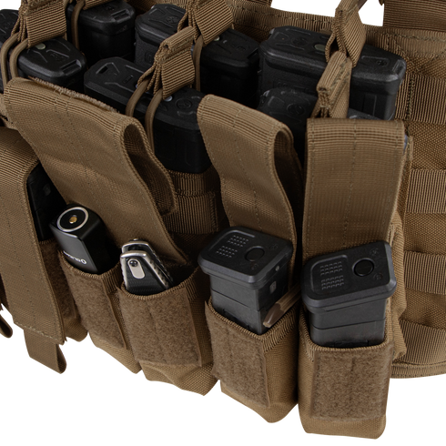 The Condor Recon Chest Rig features multiple brown pouches for black rifle magazines, a multitool, and a flashlight.