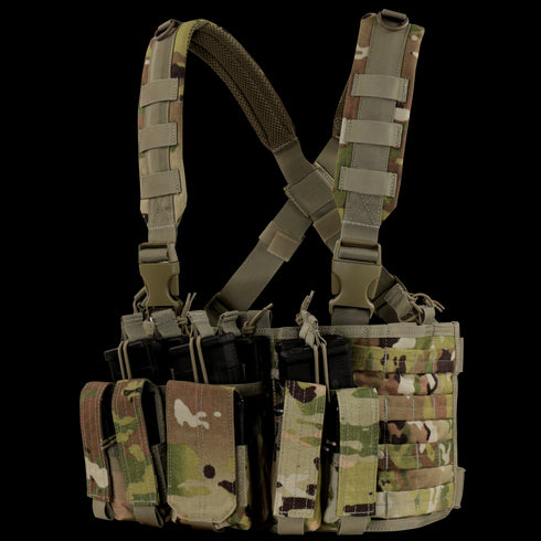 The Condor Recon Chest Rig in Scorpion OCP features multiple pouches and adjustable shoulder straps, ideal for carrying magazines and gear in a versatile camouflage design.