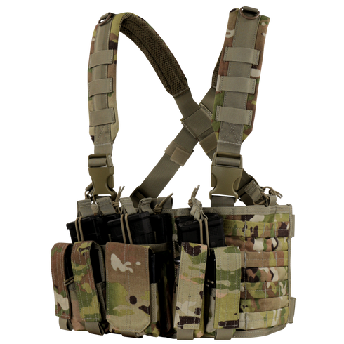 The Condor Recon Chest Rig in Scorpion OCP features multiple pouches and adjustable shoulder straps, ideal for carrying magazines and gear in a versatile camouflage design.