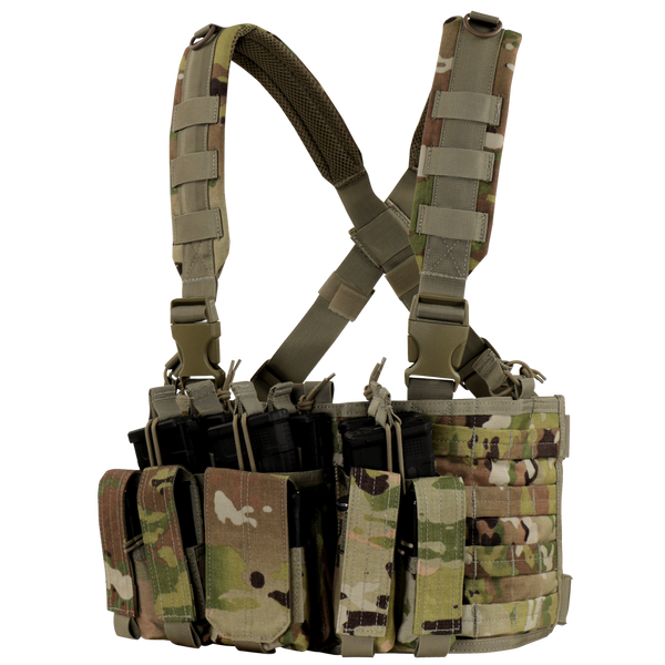 The Condor Recon Chest Rig in Scorpion OCP features multiple pouches and adjustable shoulder straps, ideal for carrying magazines and gear in a versatile camouflage design.