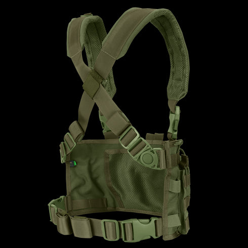 The Condor Rapid Assault Chest Rig features olive green color, adjustable straps, a mesh back panel, multiple attachment points, and secure buckles for a customizable fit.