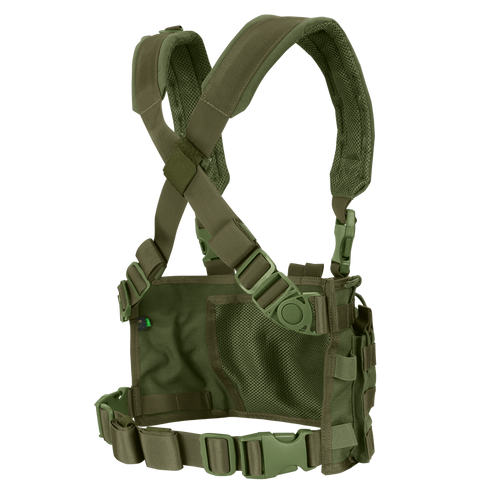 The Condor Rapid Assault Chest Rig features olive green color, adjustable straps, a mesh back panel, multiple attachment points, and secure buckles for a customizable fit.