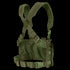 The Condor Rapid Assault Chest Rig features olive green color, adjustable straps, a mesh back panel, multiple attachment points, and secure buckles for a customizable fit.