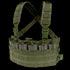 The Condor Rapid Assault Chest Rig in Olive Drab features adjustable shoulder straps, multiple magazine pouches, and MOLLE webbing, shown holding several gray rifle magazines.