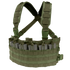 The Condor Rapid Assault Chest Rig in Olive Drab features adjustable shoulder straps, multiple magazine pouches, and MOLLE webbing, shown holding several gray rifle magazines.