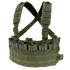 The Condor Rapid Assault Chest Rig in Olive Drab features adjustable shoulder straps, multiple magazine pouches, and MOLLE webbing, shown holding several gray rifle magazines.