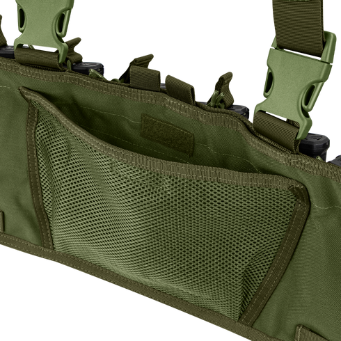 Close-up of the Condor Rapid Assault Chest Rig in olive green, featuring mesh interior pockets and clip fastenings.