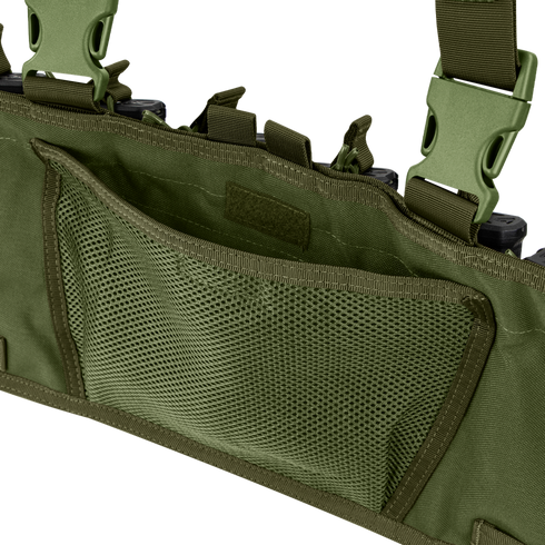 Close-up of the Condor Rapid Assault Chest Rig in olive green, featuring mesh interior pockets and clip fastenings.