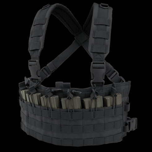The Condor Rapid Assault Chest Rig is a black tactical vest with adjustable shoulder straps and front pouches that securely hold multiple rifle magazines.