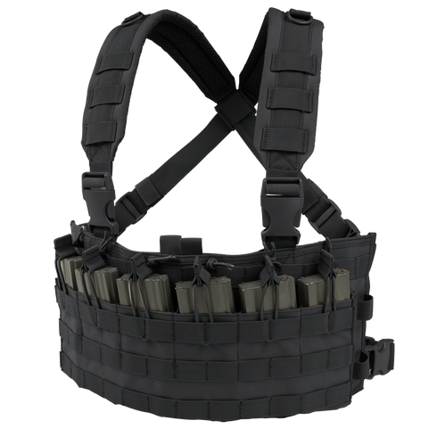 The Condor Rapid Assault Chest Rig is a black tactical vest with adjustable shoulder straps and front pouches that securely hold multiple rifle magazines.