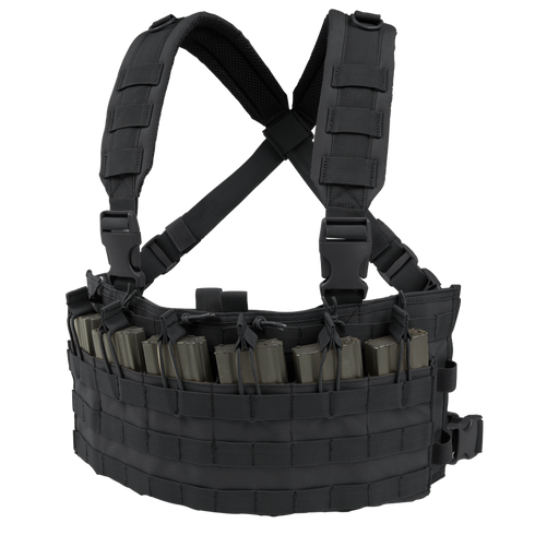 The Condor Rapid Assault Chest Rig is a black tactical vest with adjustable shoulder straps and front pouches that securely hold multiple rifle magazines.
