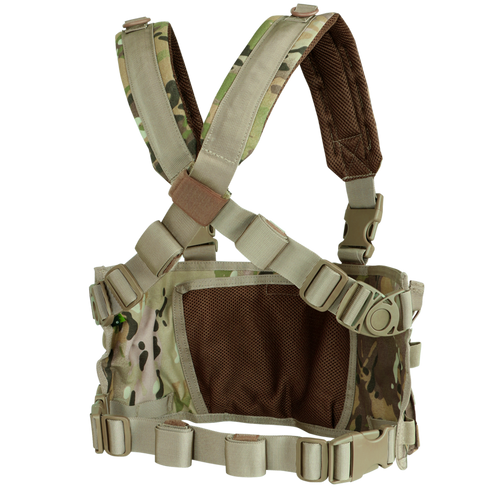 The Condor Rapid Assault Chest Rig - Scorpion OCP is shown from the back on a white background, featuring adjustable straps, buckles, and multiple attachment points.