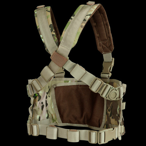 The Condor Rapid Assault Chest Rig in Scorpion OCP features adjustable straps, mesh backing, and MOLLE webbing, making it ideal for military or law enforcement operations.