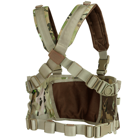 The Condor Rapid Assault Chest Rig in Scorpion OCP features adjustable straps, mesh backing, and MOLLE webbing, making it ideal for military or law enforcement operations.