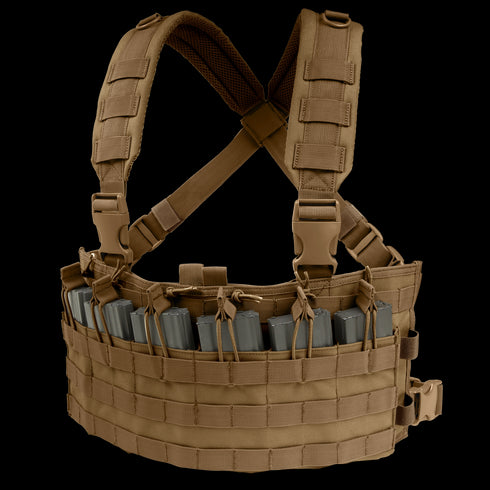 The Condor Rapid Assault Chest Rig in tan features adjustable shoulder straps and front pouches designed to hold multiple rifle magazines.