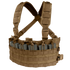 The Condor Rapid Assault Chest Rig in tan features adjustable shoulder straps and front pouches designed to hold multiple rifle magazines.