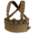 The Condor Rapid Assault Chest Rig in tan features adjustable shoulder straps and front pouches designed to hold multiple rifle magazines.