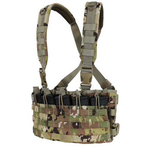 The Condor Rapid Assault Chest Rig in Scorpion OCP features multiple magazine pouches and adjustable shoulder straps for tactical use.