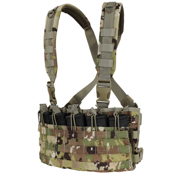 The Condor Rapid Assault Chest Rig in Scorpion OCP features multiple magazine pouches and adjustable shoulder straps for tactical use.