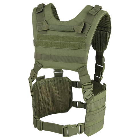 The Condor Ronin Chest Rig in Scorpion OCP features adjustable straps, mesh lining, and multiple attachment points—ideal for bushcraft or EDC use, offering efficient gear and equipment organization.
