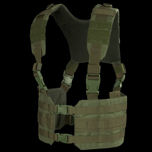 The Condor Ronin Chest Rig in Olive Drab features adjustable straps, a mesh back panel, plastic buckles, and horizontal webbing for modular attachments.