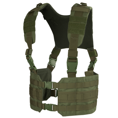 The Condor Ronin Chest Rig in Olive Drab features adjustable straps, a mesh back panel, plastic buckles, and horizontal webbing for modular attachments.