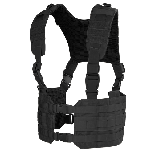The Condor Ronin Chest Rig is a black tactical vest with adjustable straps, buckles, and MOLLE webbing, displayed on a white background.