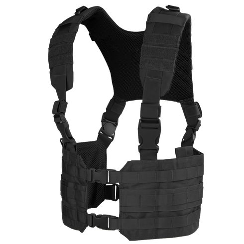 The Condor Ronin Chest Rig is a black tactical vest with adjustable straps, buckles, and MOLLE webbing, displayed on a white background.