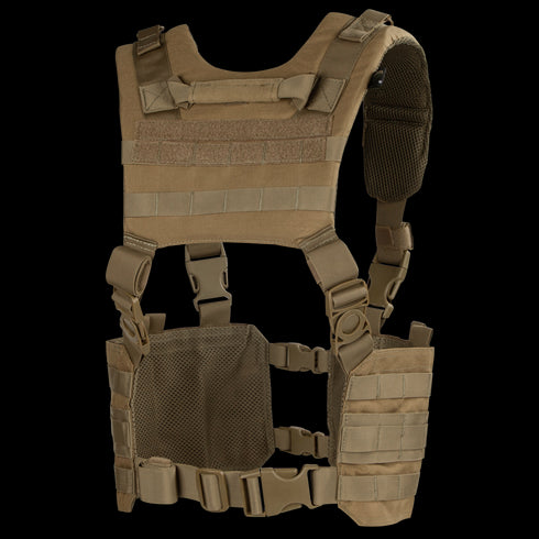 The Condor Ronin Chest Rig is a tan tactical vest with adjustable straps, MOLLE webbing, mesh panels, and plastic buckles, designed for carrying gear and equipment.