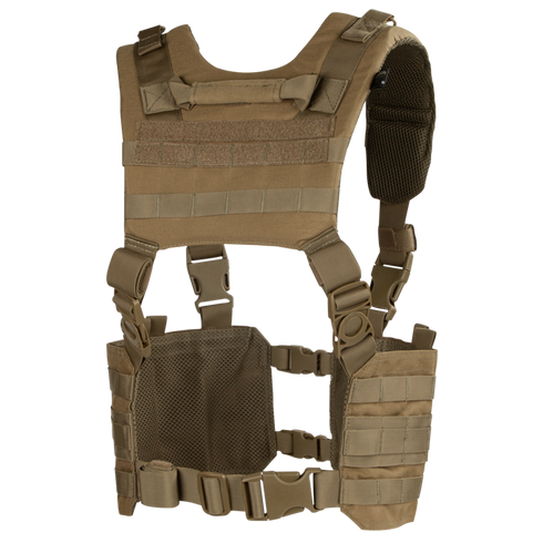 The Condor Ronin Chest Rig is a tan tactical vest with adjustable shoulder and waist straps, mesh panels, and multiple attachment points for gear and accessories.