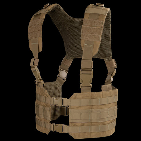 The Condor Ronin Chest Rig in tan features adjustable straps, buckles, and MOLLE webbing for gear attachment, shown on a white background.