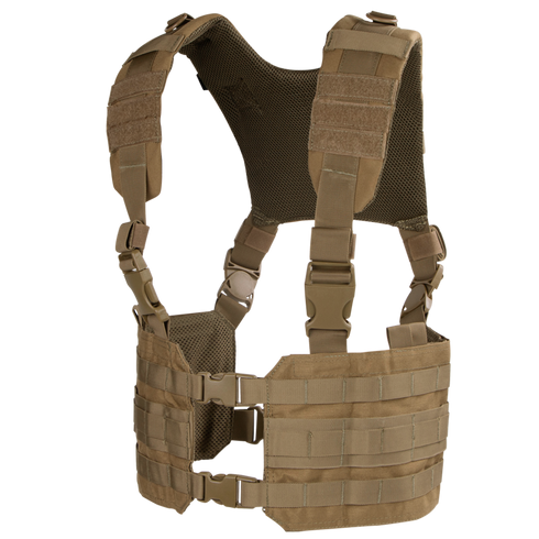 The Condor Ronin Chest Rig in tan features adjustable straps, buckles, and MOLLE webbing for gear attachment, shown on a white background.